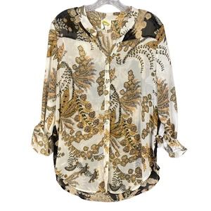 Anthropologie Women's Fig and Flower Cream Brown Floral Top Blouse Roll Sleeve L